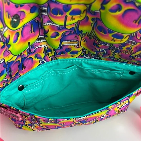 Skull Neon Pink Glitter Drippy Psychedelic Crossbody Bag with Strap - Picture 6 of 12